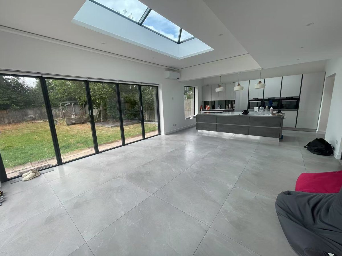 Open-plan extension with skylight and bi-fold doors
