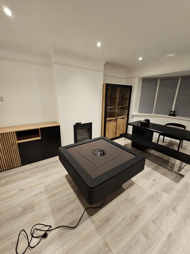 Modern entertainment room with fireplace